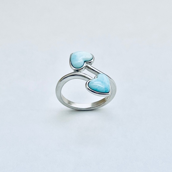 Sterling Silver Genuine Larimar Double Heart Ring, Silver Rings, Healing Stones - Picture 1 of 13